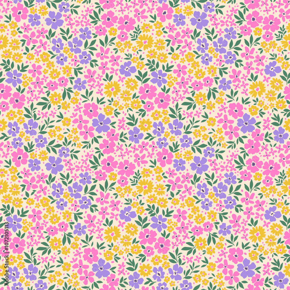 Cute floral background. Floral pattern with small pink, lilac and yellow flowers on a white background. Seamless pattern for design and fashion prints. Ditsy style. Stock vector illustration. Cute floral background. Floral pattern with small pink, lilac and yellow flowers on a white background. Seamless pattern for design and fashion prints. Ditsy style. Stock vector illustration.