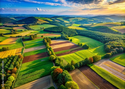 Aerial Perspective of Vibrant Farmfields and Lush Forests Under a Clear Sky, Showcasing a Harmonious Blend of Nature and Agriculture in Scenic Landscape Photography photo