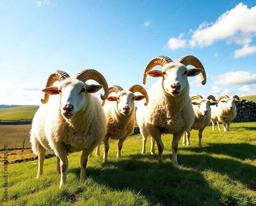 Fototapeta premium A picturesque group of Wiltshire sheep in a vibrant green landscape, with their distinctive horns against a clear sky