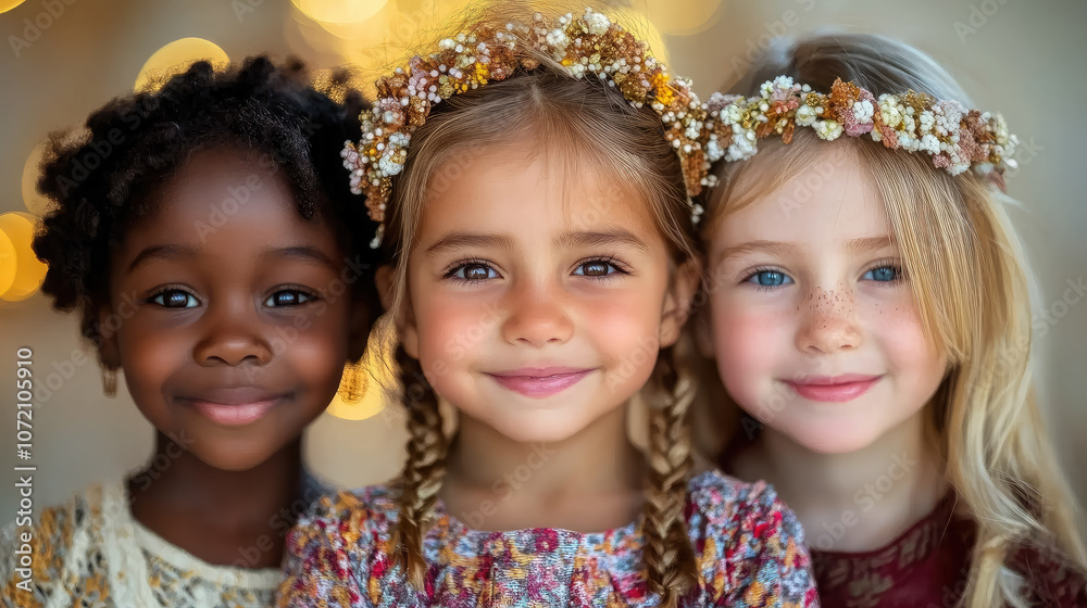 photo of three little smiling children of different nationalities, diversity, african child, white-skinned slavic child on blurred background of white room, kindergarten photo of three little smiling children of different nationalities, diversity, african child, white-skinned slavic child on blurred background of white room, kindergarten