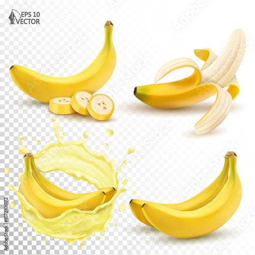 Set of natural bananas. Peeled, sliced and whole fruits. Realistic transparent juice splash. 3D isolated vector illustration. Bunch of bananas. Packaging and advertising design elements