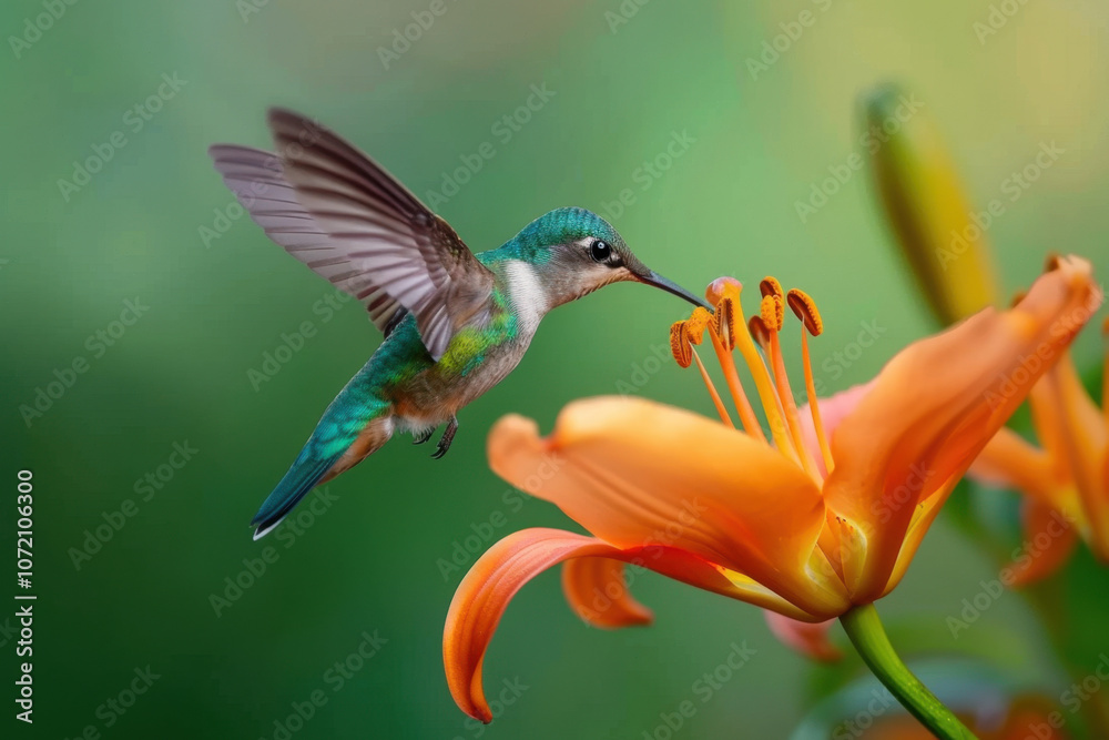 Fototapeta premium Bird day. A stunning close-up of a green hummingbird hovering near an orange lily, capturing its iridescent feathers and precise wing movement against a soft-focus background. 
