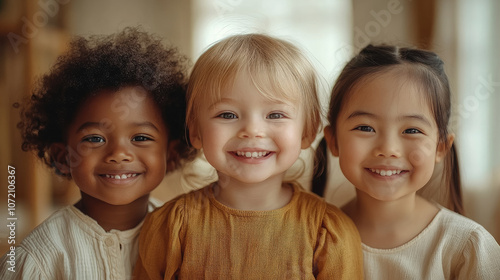 photo of three little smiling children of different nationalities, diversity, african child, white-skinned slavic child, asian, on blurred background of white room