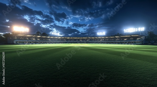 3D illustration of an empty professional cricket stadium with a clear sky photo