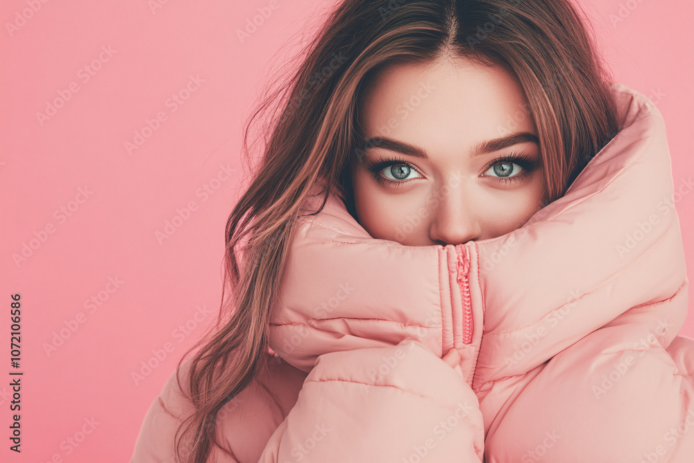 Φωτογραφία close up portrait of young beautiful woman in pink down jacket smiling on pink b