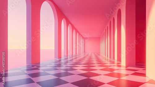 Surreal Pink Checker Room with Abstract Arches