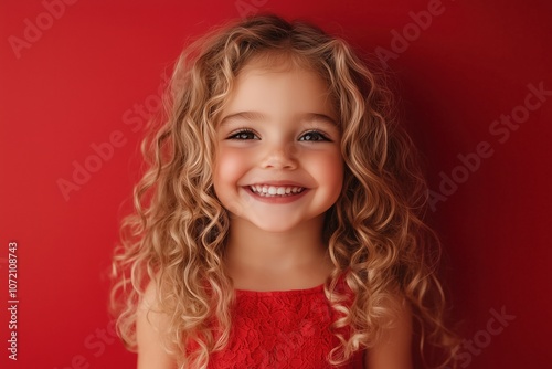 A young girl with long hair is smiling and wearing a red dress