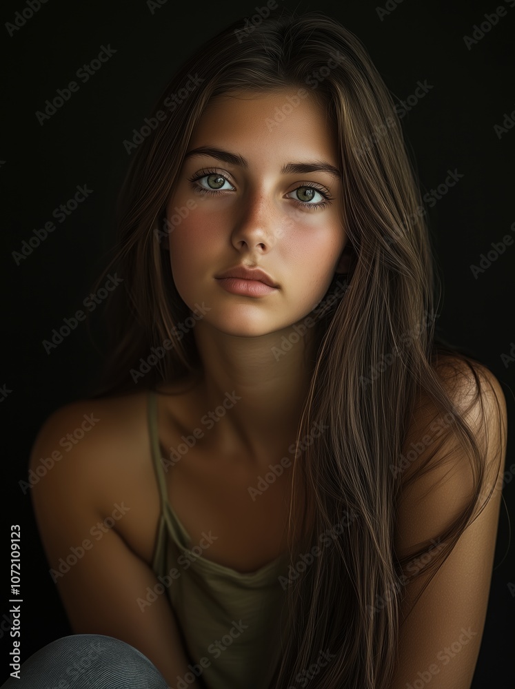 A woman with long brown hair and a green tank top is sitting on the ground A woman with long brown hair and a green tank top is sitting on the ground