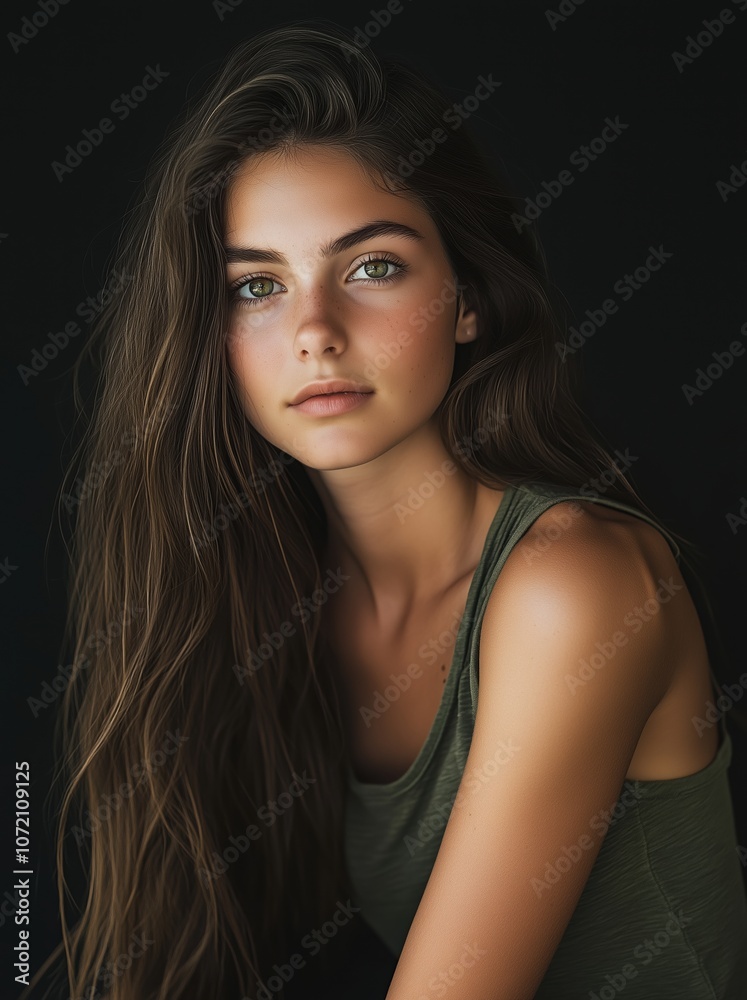 A woman with long brown hair and green eyes is sitting in a green tank top A woman with long brown hair and green eyes is sitting in a green tank top