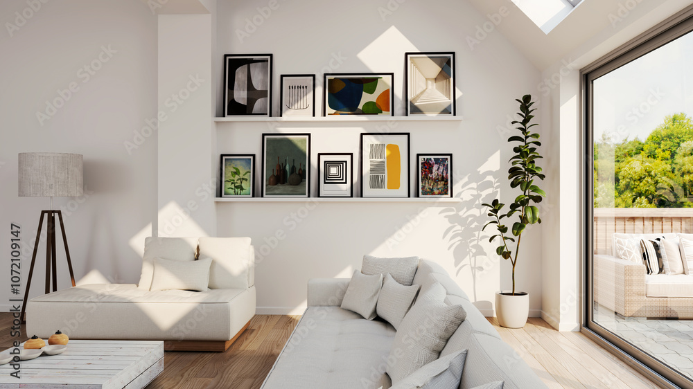 Fototapeta premium Large luxury modern bright interiors Living room mockup illustration 3D rendering image