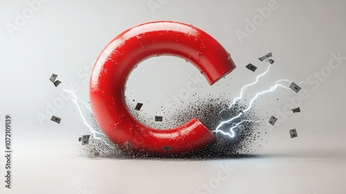  3D red magnet and lightning for attraction on a white background photo