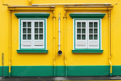 The yellow and green building has two windows with white frames