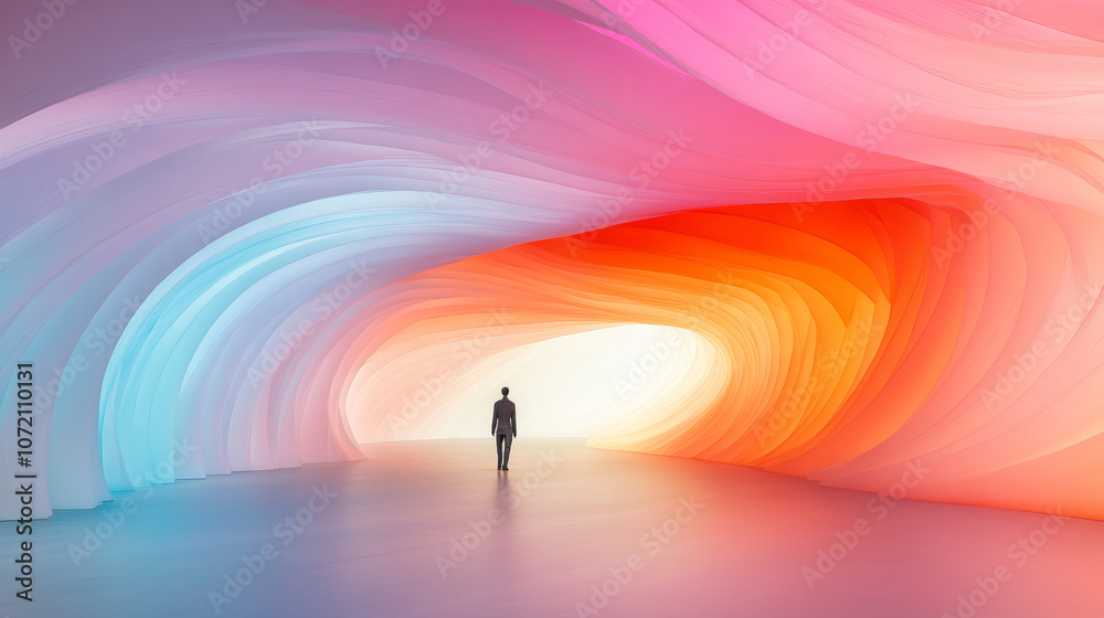 A lone figure walks towards a bright light at the end of a colorful tunnel. A lone figure walks towards a bright light at the end of a colorful tunnel.