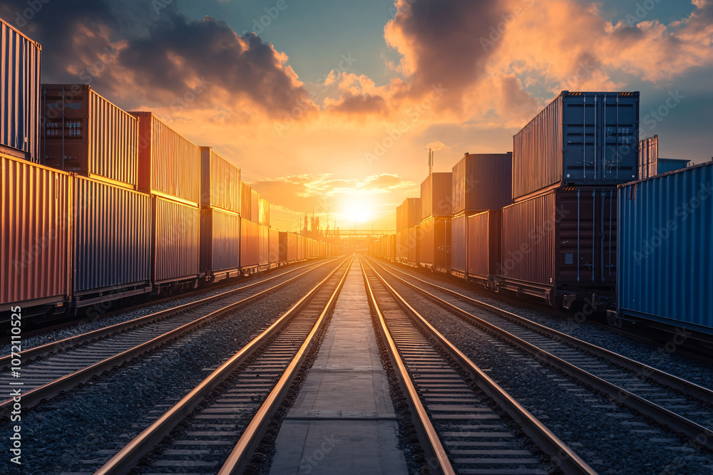 Railway tracks leading through rows of colorful stacked shipping containers in a freight terminal under sunset sky Railway tracks leading through rows of colorful stacked shipping containers in a freight terminal under sunset sky