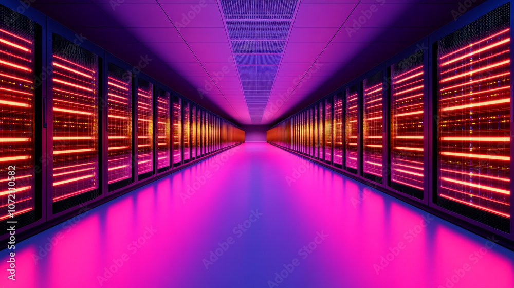 Fototapeta premium Rows of glowing servers in a data center.