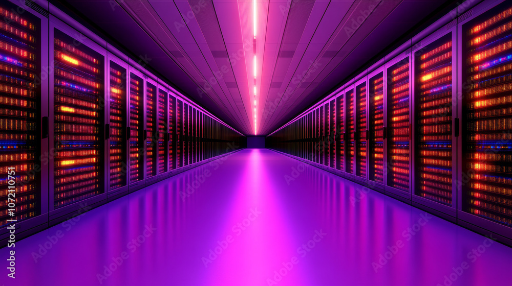 Fototapeta premium Rows of servers glow in a data center lit with purple and pink light.