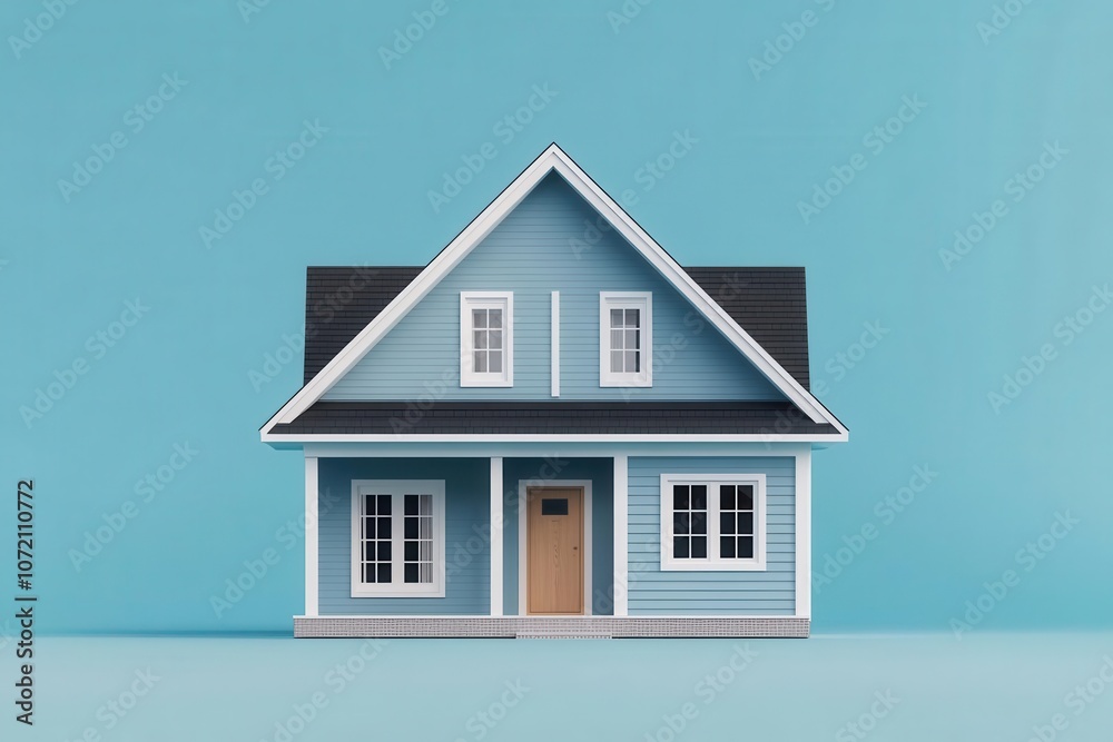 A stylish blue model house with a simple roof and front porch, set against a vibrant turquoise background. A stylish blue model house with a simple roof and front porch, set against a vibrant turquoise background.