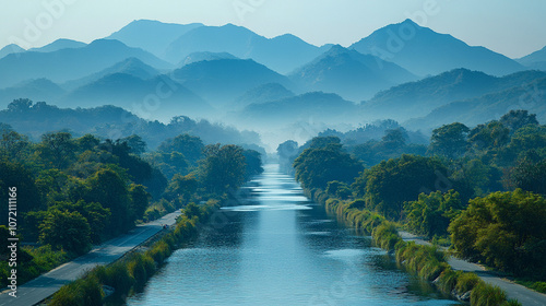 breathtaking view of a serene mountain range with a large, reflective body of water below, capturing the tranquil harmony of nature. The scene embodies peace, inspiration, and the majesty of the great