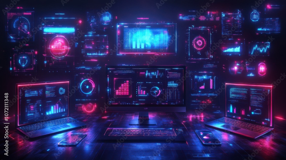 Futuristic Tech Interface with Glowing Screens Futuristic Tech Interface with Glowing Screens