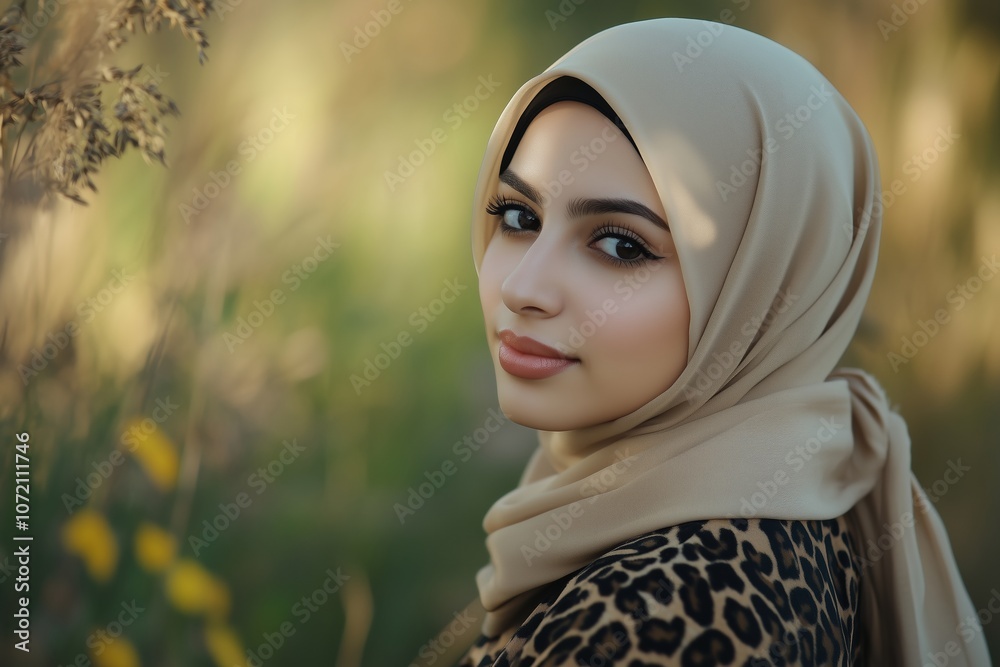 A woman wearing a tan scarf and a leopard print shirt is smiling A woman wearing a tan scarf and a leopard print shirt is smiling