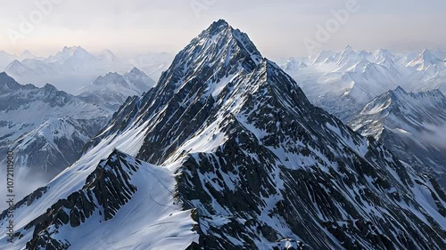 Snow-covered mountain peak surrounded by misty alpine ranges under a soft sky. Majestic winter landscape in high altitude