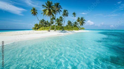  A remote tropical island with white sandy beaches and crystal-clear turquoise waters, where palm trees sway gently in the breeze under a brilliant blue sky. 