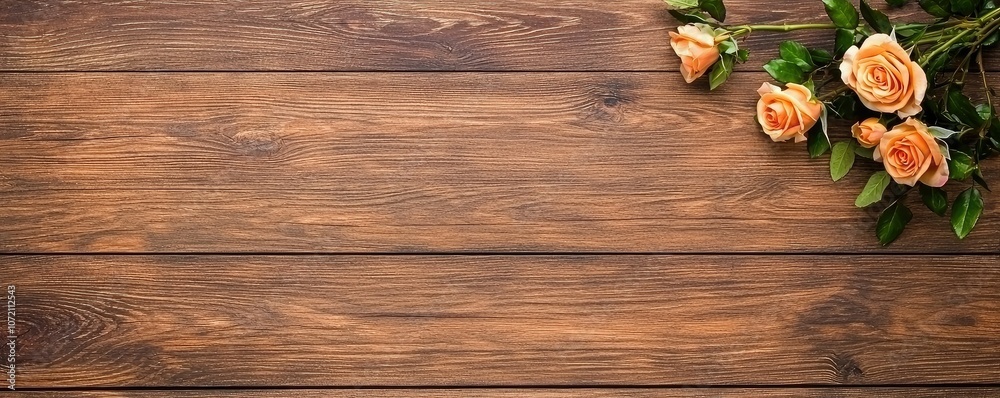 A rustic wooden surface adorned with delicate peach roses, creating a warm and inviting atmosphere. A rustic wooden surface adorned with delicate peach roses, creating a warm and inviting atmosphere.