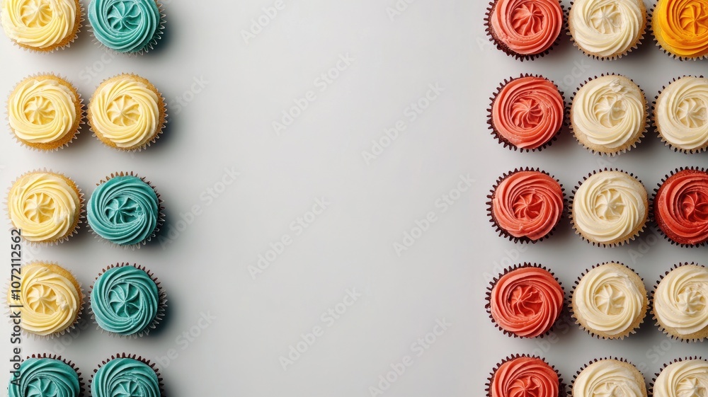 Colorful frosted cupcakes in neat rows on light background Colorful frosted cupcakes in neat rows on light background
