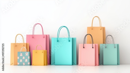 A group of colorful shopping bags with different sizes and patterns, piled up against a white background, representing a day of retail therapy.