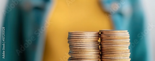 A close-up of stacked coins signifies financial investment and wealth, with a blurred figure in the background suggesting personal finance themes. photo