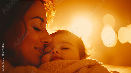 A mother lovingly cradles her sleeping baby in a warm, golden glow.