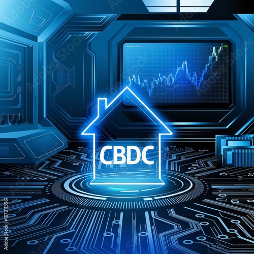 Digital bank issuing CBDC: Central Bank Digital Currency for transactions. CBDC glowing hologram with bank icon and circuit board, digital payment