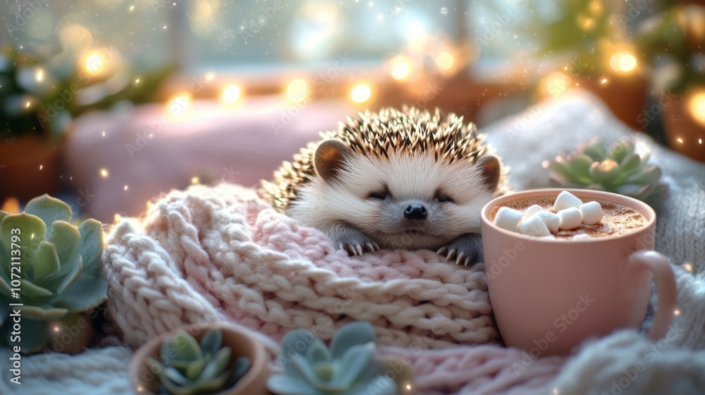 A cozy hedgehog nestled in a blanket with a warm cup of cocoa surrounded by plants and lights A cozy hedgehog nestled in a blanket with a warm cup of cocoa surrounded by plants and lights