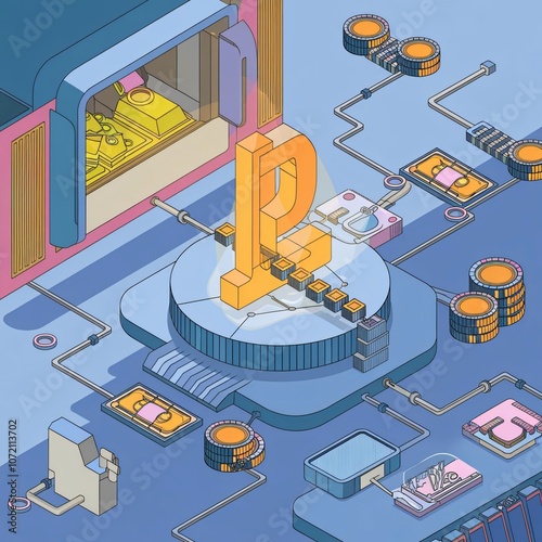 Digital bank issuing CBDC: Central Bank Digital Currency for transactions. CBDC glowing hologram with bank icon and circuit board, digital payment
