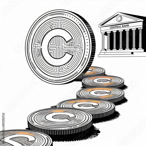 Digital bank issuing CBDC: Central Bank Digital Currency for transactions. CBDC glowing hologram with bank icon and circuit board, digital payment