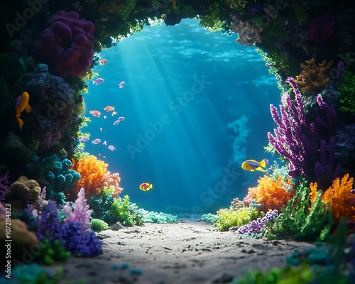 Fototapeta Naklejka Na Ścianę i Meble -  Underwater cave with vibrant coral and fish, sunbeams shining through the entrance.