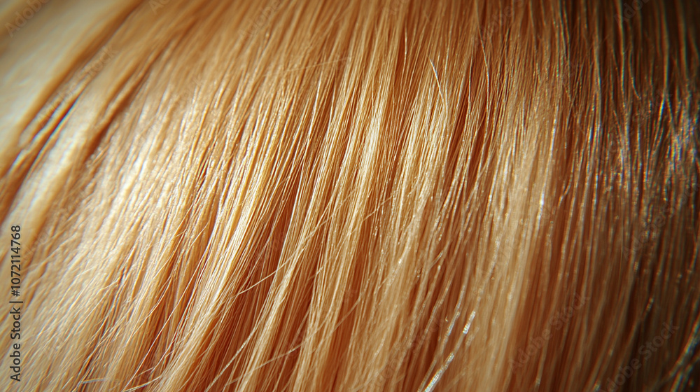 Fototapeta premium Close-up of blonde hair strands with warm, golden tones. This detailed texture captures the light and movement, symbolizing beauty, vitality, and the elegance of natural hair in a soft and radiant way
