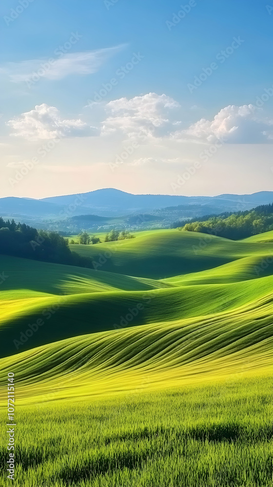 Obraz premium Rolling green hills and fields under a blue sky with white clouds.