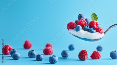 A close up shot of a spoonful of yogurt with berries, highlighting the role of lactic acid fermentation in creating the tangy flavor and health benefits of fermented foods.