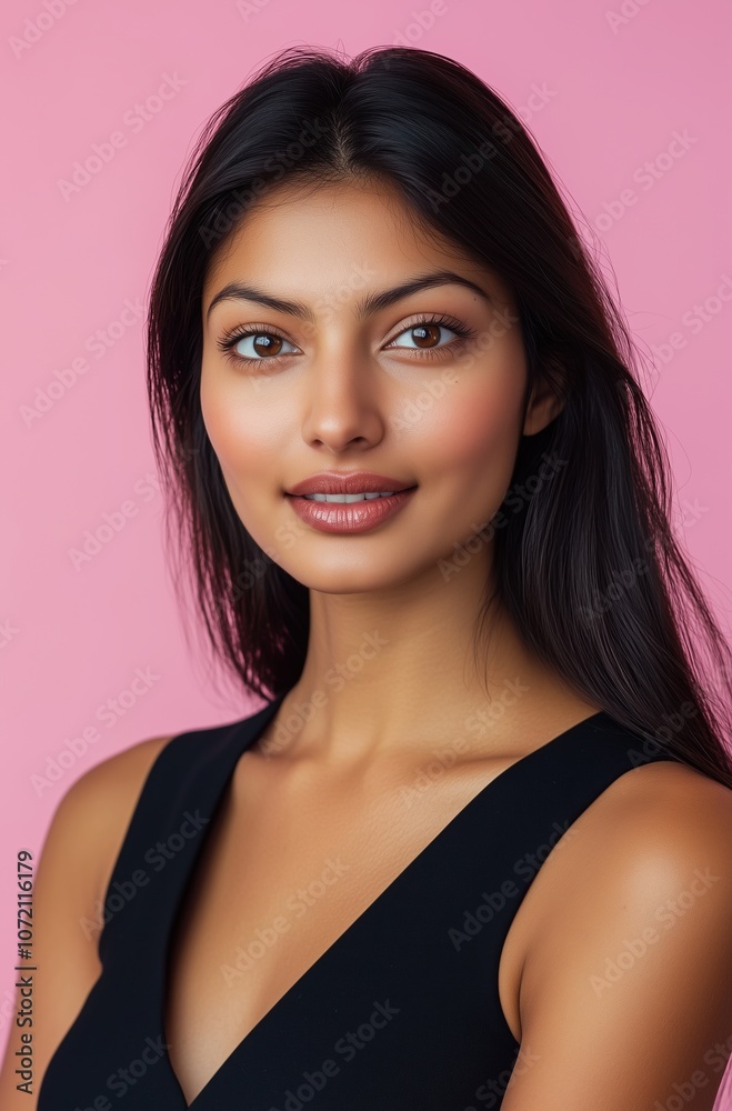 A woman with long black hair and a black tank top is smiling for the camera