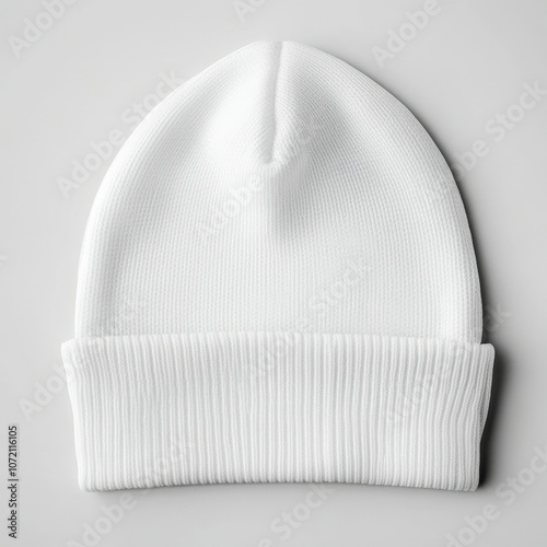 A simple white beanie hat displayed on a neutral background for winter fashion and warmth