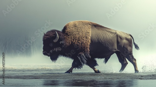 Majestic bison walking through misty wetland, powerful and calm photo