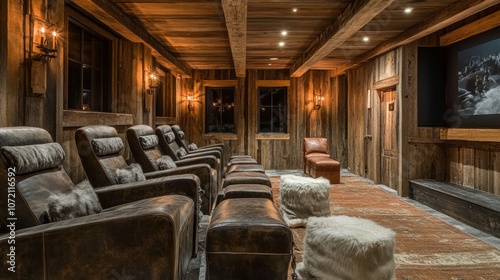 A rustic-inspired luxury cinema room featuring natural wood, large leather chairs, and soft lighting for an immersive viewing experience