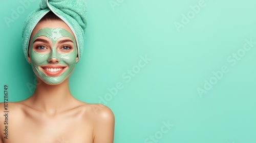 A woman with a hair towel wrapped around her head applying a face mask, smiling at the camera and enjoying her self care routine.