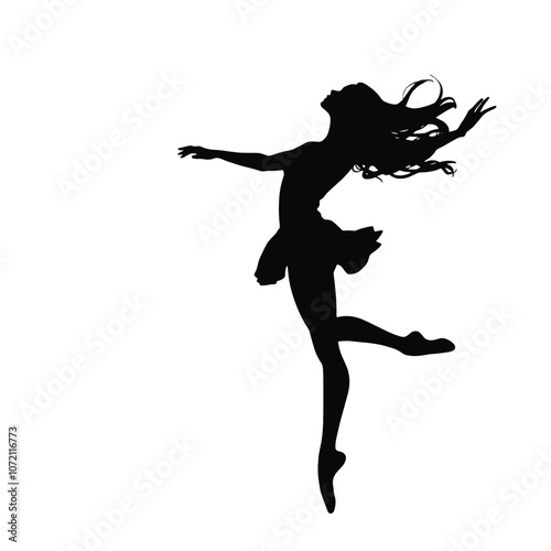 a black color silhouette of a ballerina in a graceful pose. The dancer is in mid-air,