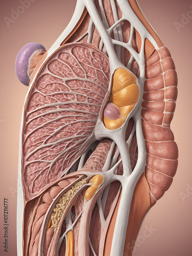 Muscle dystrophy pathology, abnormal cell structure, genetic disorder focus, 3D illustration