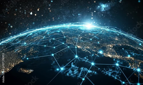 A close-up view of a digital world map with a network of lines connecting cities around the globe, glowing with blue light against a dark space background.