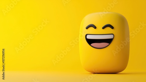 A cheerful cartoon character, shaped like a plump oval with a joyful grin and expressive eyes, stands against a bright yellow backdrop, embodying fun and positivity.