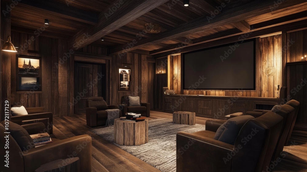 Fototapeta premium A spacious cinema room with rustic wood elements, deep leather recliners, and a high-definition screen, blending comfort with modern technology
