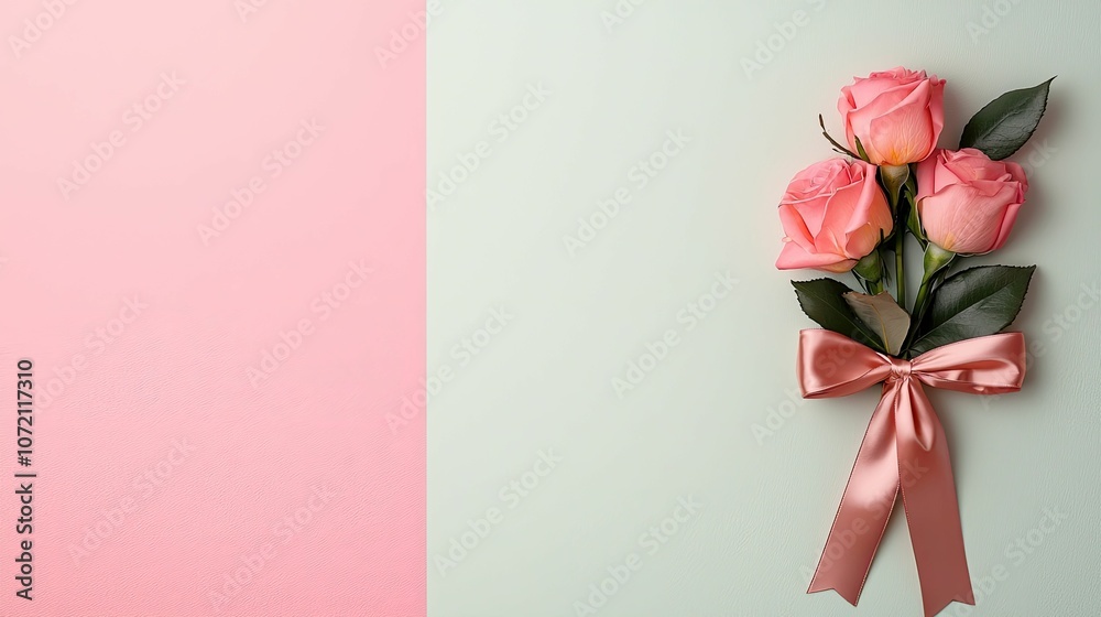 Soft pink roses tied with a ribbon against a pastel background, perfect for romantic gestures or celebrations. Soft pink roses tied with a ribbon against a pastel background, perfect for romantic gestures or celebrations.